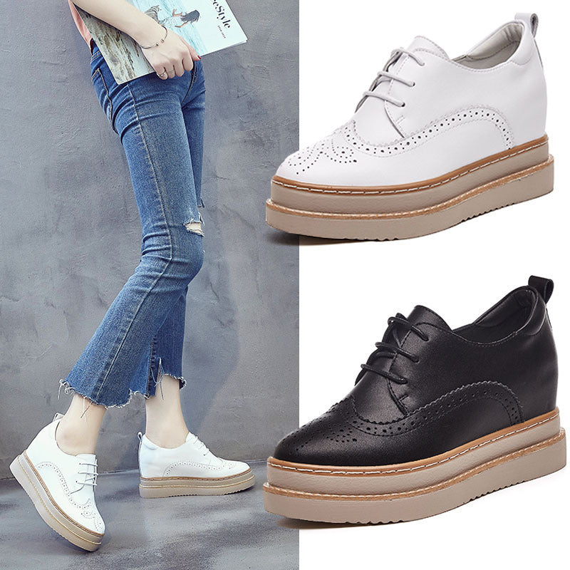 Spring Genuine Leather Platform Hidden Heel Lace-up Leisure Platform Women's Shoes