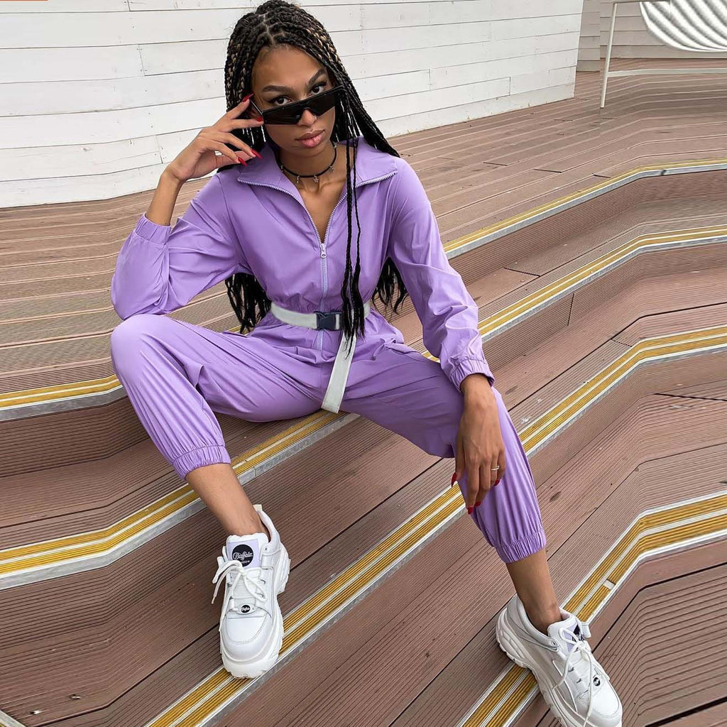 Zipped half stand collar big pocket jumpsuit