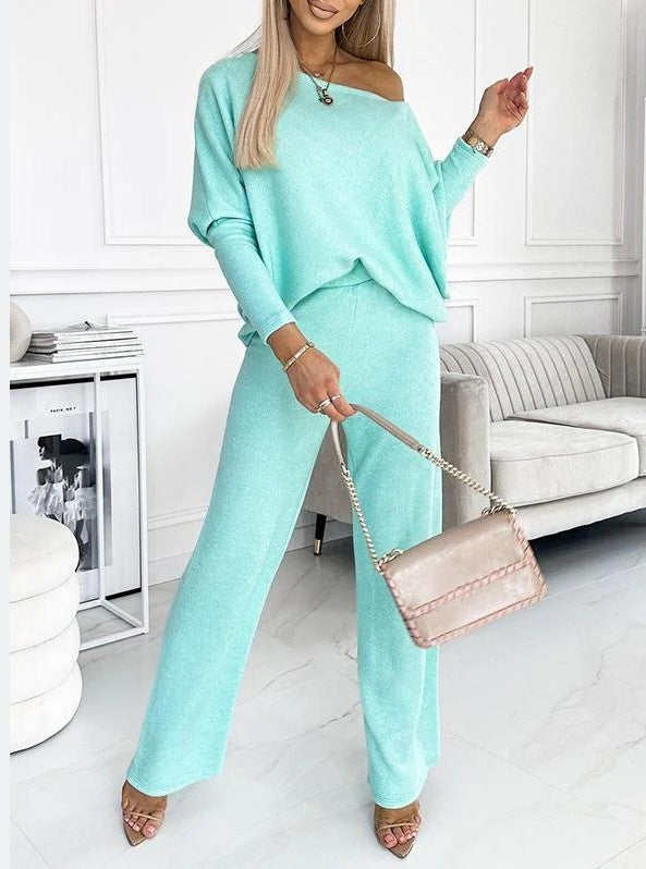 Solid Color Fashion Casual Slant Shoulder Sports Trousers Long-sleeved Suit