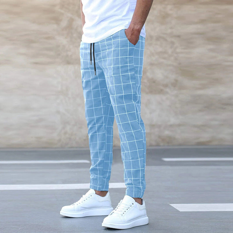 Fashion Plaid Print Pants Casual Drawstring Trousers Men's Clothing
