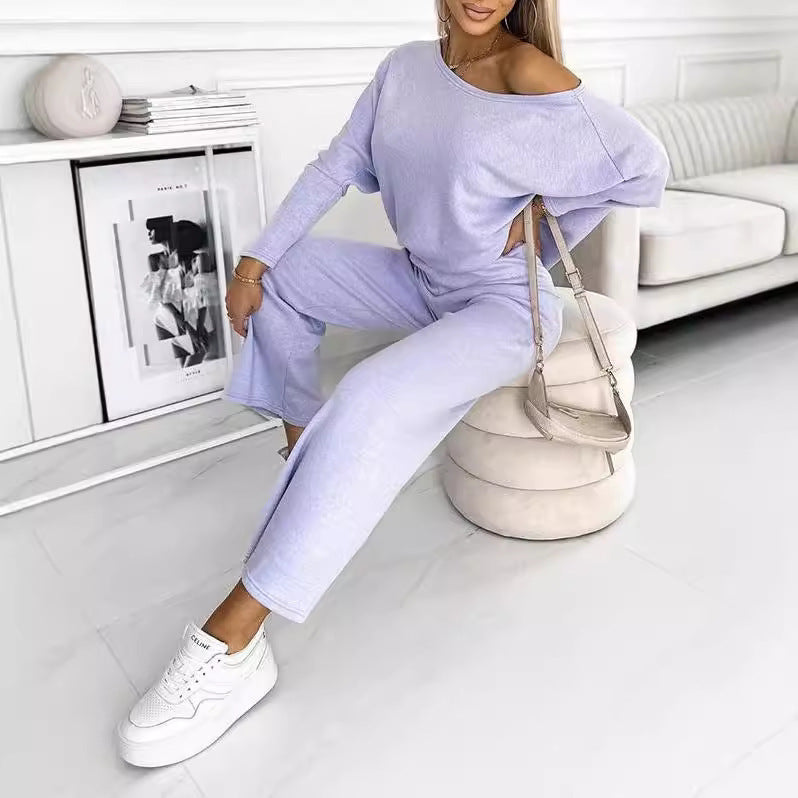 Solid Color Fashion Casual Slant Shoulder Sports Trousers Long-sleeved Suit