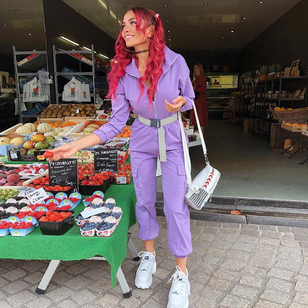 Zipped half stand collar big pocket jumpsuit