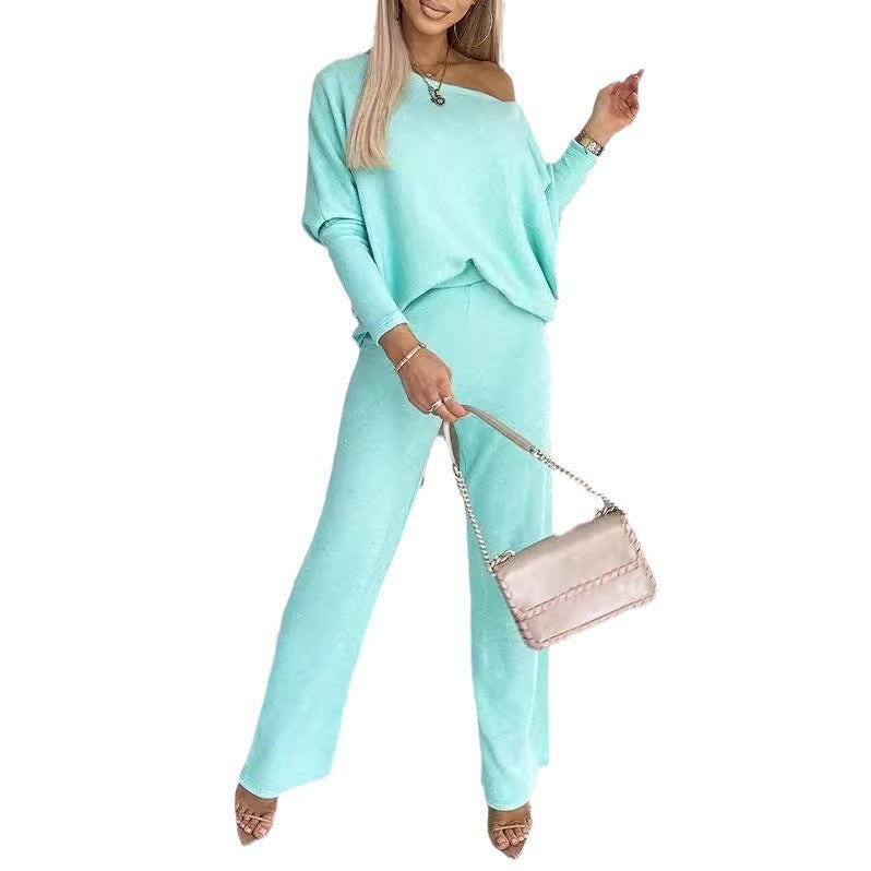 Solid Color Fashion Casual Slant Shoulder Sports Trousers Long-sleeved Suit