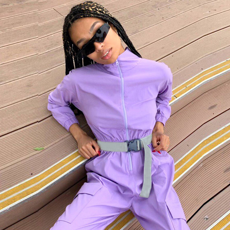 Zipped half stand collar big pocket jumpsuit