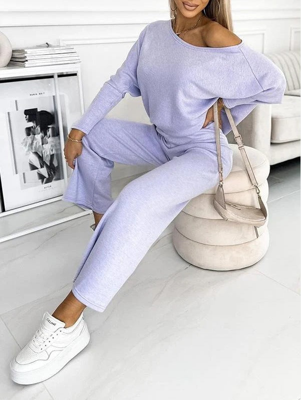 Solid Color Fashion Casual Slant Shoulder Sports Trousers Long-sleeved Suit