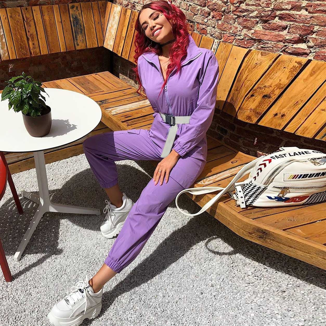 Zipped half stand collar big pocket jumpsuit