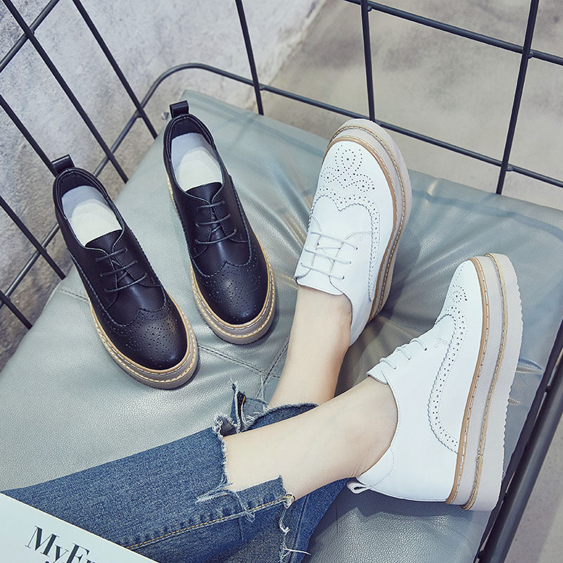 Spring Genuine Leather Platform Hidden Heel Lace-up Leisure Platform Women's Shoes