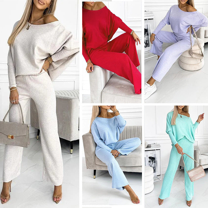 Solid Color Fashion Casual Slant Shoulder Sports Trousers Long-sleeved Suit