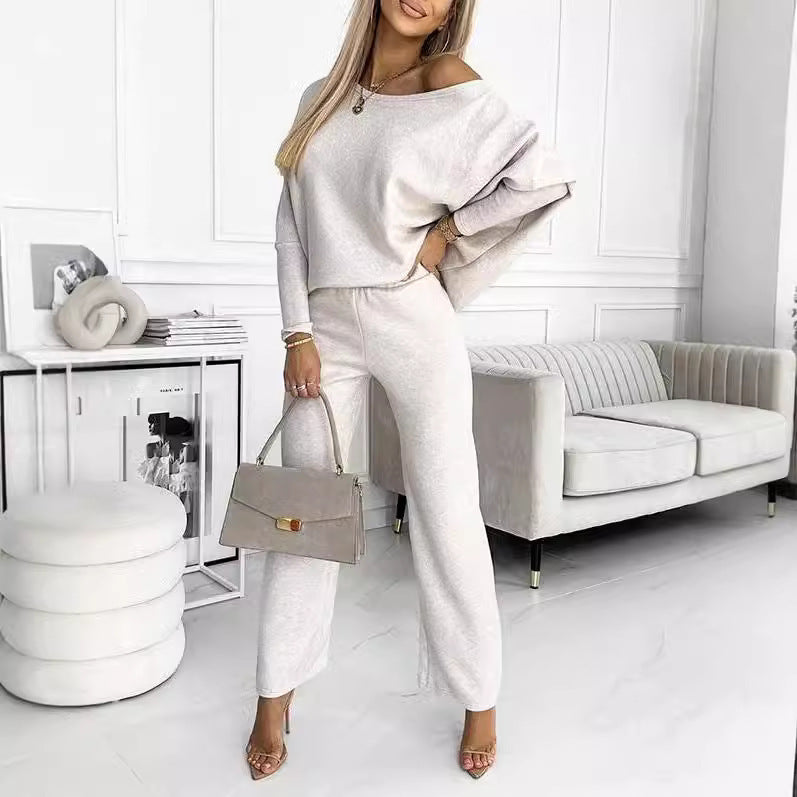 Solid Color Fashion Casual Slant Shoulder Sports Trousers Long-sleeved Suit