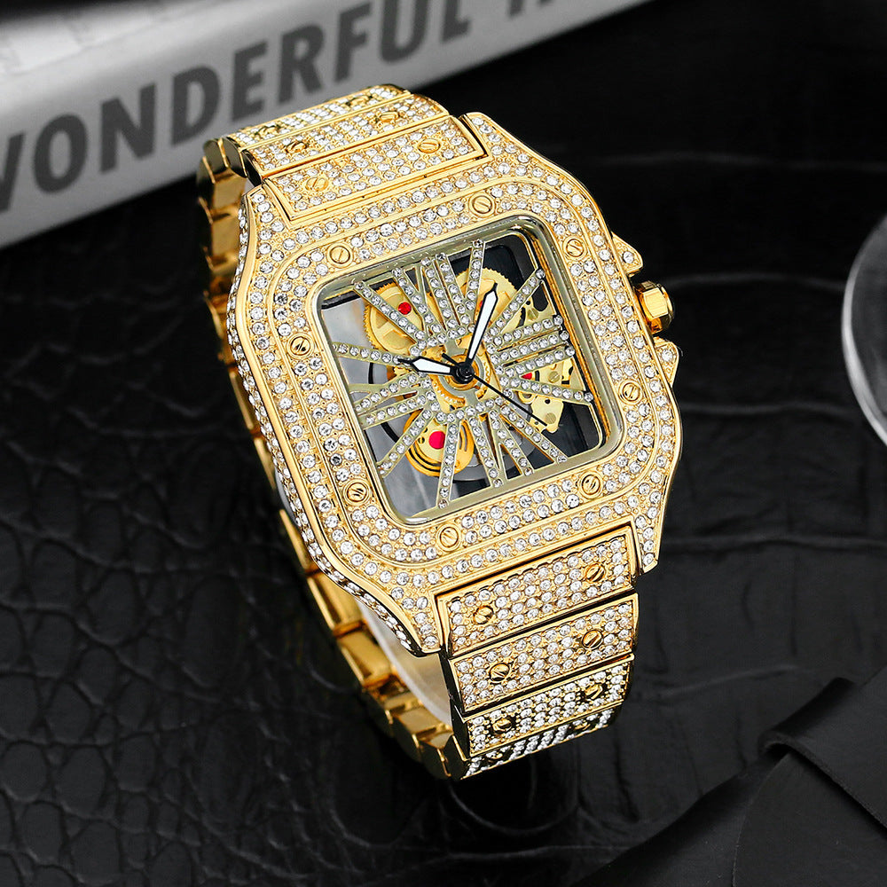 Square Special-interest Design Hollow Full Diamond Quartz Watch