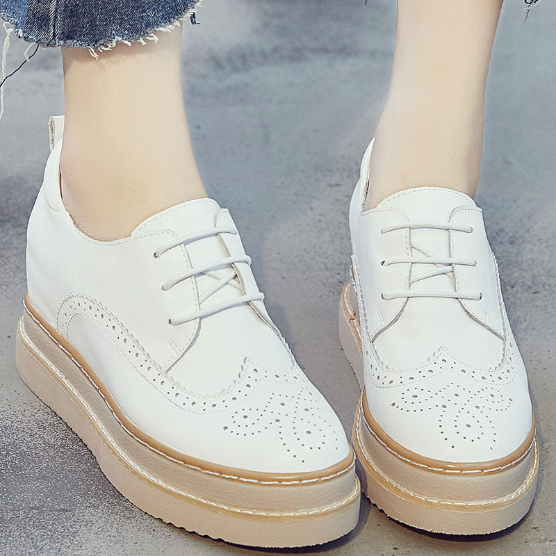 Spring Genuine Leather Platform Hidden Heel Lace-up Leisure Platform Women's Shoes
