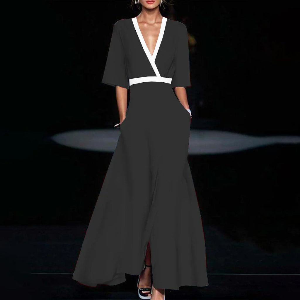 Summer V-neck Split Short-sleeved Dress Fashion Flower Print A-line Long Dresses Party Club Beach Clothing For Women